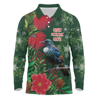 Tui Meri Kirihimete Personalised Long Sleeve Polo Shirt Pohutukawa Flowers Green Motif LT9 Green - Polynesian Pride