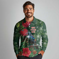 Tui Meri Kirihimete Personalised Long Sleeve Polo Shirt Pohutukawa Flowers Green Motif LT9 - Polynesian Pride