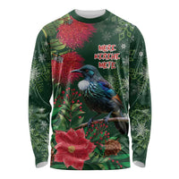 Tui Meri Kirihimete Personalised Long Sleeve Shirt Pohutukawa Flowers Green Motif LT9 Unisex Green - Polynesian Pride