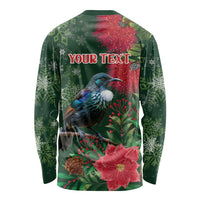 Tui Meri Kirihimete Personalised Long Sleeve Shirt Pohutukawa Flowers Green Motif LT9 - Polynesian Pride