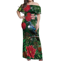 Tui Meri Kirihimete Personalised Off Shoulder Maxi Dress Pohutukawa Flowers Green Motif LT9 Women Green - Polynesian Pride