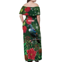 Tui Meri Kirihimete Personalised Off Shoulder Maxi Dress Pohutukawa Flowers Green Motif LT9 - Polynesian Pride
