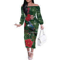 Tui Meri Kirihimete Personalised Off The Shoulder Long Sleeve Dress Pohutukawa Flowers Green Motif LT9 Women Green - Polynesian Pride