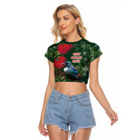 Tui Meri Kirihimete Personalised Raglan Cropped T Shirt Pohutukawa Flowers Green Motif LT9 Female Green - Polynesian Pride