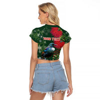 Tui Meri Kirihimete Personalised Raglan Cropped T Shirt Pohutukawa Flowers Green Motif LT9 - Polynesian Pride