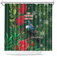 Tui Meri Kirihimete Personalised Shower Curtain Pohutukawa Flowers Green Motif LT9 Green - Polynesian Pride