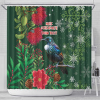 Tui Meri Kirihimete Personalised Shower Curtain Pohutukawa Flowers Green Motif LT9 - Polynesian Pride