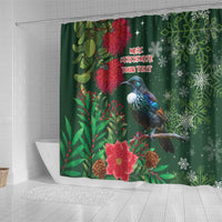 Tui Meri Kirihimete Personalised Shower Curtain Pohutukawa Flowers Green Motif LT9 - Polynesian Pride