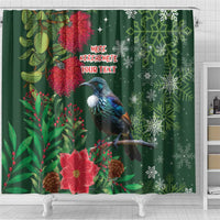 Tui Meri Kirihimete Personalised Shower Curtain Pohutukawa Flowers Green Motif LT9 - Polynesian Pride