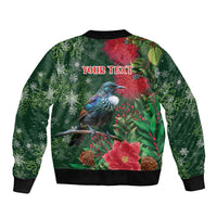 Tui Meri Kirihimete Personalised Sleeve Zip Bomber Jacket Pohutukawa Flowers Green Motif - Polynesian Pride