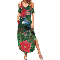 Tui Meri Kirihimete Personalised Summer Maxi Dress Pohutukawa Flowers Green Motif LT9 Women Green - Polynesian Pride