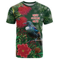 Tui Meri Kirihimete Personalised T Shirt Pohutukawa Flowers Green Motif LT9 Green - Polynesian Pride