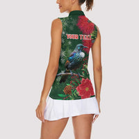 Tui Meri Kirihimete Personalised Women Sleeveless Polo Shirt Pohutukawa Flowers Green Motif LT9 - Polynesian Pride
