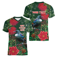 Tui Meri Kirihimete Personalised Women V-Neck T-Shirt Pohutukawa Flowers Green Motif LT9 - Polynesian Pride