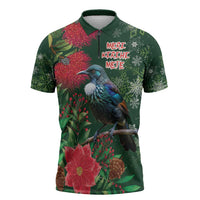Tui Meri Kirihimete Personalised Zipper Polo Shirt Pohutukawa Flowers Green Motif LT9 Green - Polynesian Pride