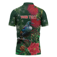 Tui Meri Kirihimete Personalised Zipper Polo Shirt Pohutukawa Flowers Green Motif LT9 - Polynesian Pride