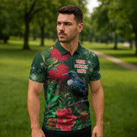 Tui Meri Kirihimete Personalised Zipper Polo Shirt Pohutukawa Flowers Green Motif LT9 - Polynesian Pride