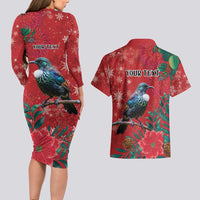 Tui Meri Kirihimete Personalised Couples Matching Long Sleeve Bodycon Dress and Hawaiian Shirt Pohutukawa Flowers Red Motif LT9 - Polynesian Pride