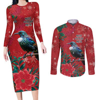 Tui Meri Kirihimete Personalised Couples Matching Long Sleeve Bodycon Dress and Long Sleeve Button Shirt Pohutukawa Flowers Red Motif LT9 Red - Polynesian Pride