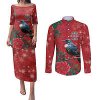 Tui Meri Kirihimete Personalised Couples Matching Puletasi and Long Sleeve Button Shirt Pohutukawa Flowers Red Motif LT9 Red - Polynesian Pride