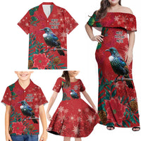 Tui Meri Kirihimete Personalised Family Matching Off Shoulder Maxi Dress and Hawaiian Shirt Pohutukawa Flowers Red Motif LT9 - Polynesian Pride