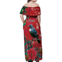 Tui Meri Kirihimete Personalised Family Matching Off Shoulder Maxi Dress and Hawaiian Shirt Pohutukawa Flowers Red Motif LT9 - Polynesian Pride