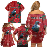 Tui Meri Kirihimete Personalised Family Matching Off Shoulder Short Dress and Hawaiian Shirt Pohutukawa Flowers Red Motif LT9 - Polynesian Pride