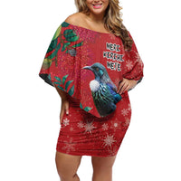 Tui Meri Kirihimete Personalised Family Matching Off Shoulder Short Dress and Hawaiian Shirt Pohutukawa Flowers Red Motif LT9 Mom's Dress Red - Polynesian Pride