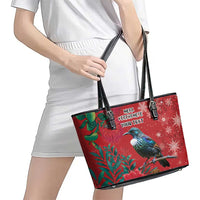 Tui Meri Kirihimete Personalised Leather Tote Bag Pohutukawa Flowers Red Motif LT9 - Polynesian Pride