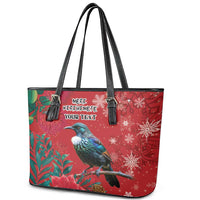 Tui Meri Kirihimete Personalised Leather Tote Bag Pohutukawa Flowers Red Motif LT9 - Polynesian Pride