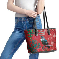 Tui Meri Kirihimete Personalised Leather Tote Bag Pohutukawa Flowers Red Motif LT9 - Polynesian Pride
