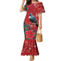 Tui Meri Kirihimete Personalised Mermaid Dress Pohutukawa Flowers Red Motif LT9 Women Red - Polynesian Pride