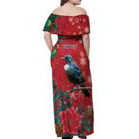 Tui Meri Kirihimete Personalised Off Shoulder Maxi Dress Pohutukawa Flowers Red Motif LT9 - Polynesian Pride