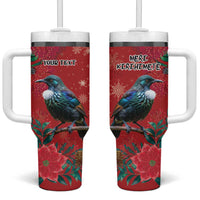 Tui Meri Kirihimete Personalised Tumbler With Handle Pohutukawa Flowers Red Motif LT9 One Size: 40 oz Red - Polynesian Pride