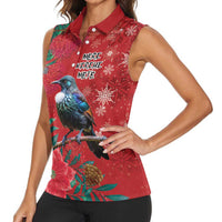 Tui Meri Kirihimete Personalised Women Sleeveless Polo Shirt Pohutukawa Flowers Red Motif LT9 - Polynesian Pride