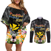 Pasifika Vibes Festival 2024 Couples Matching Off Shoulder Short Dress and Long Sleeve Button Shirt Kanaka Maoli With Hawaiian Islands LT9 Black - Polynesian Pride