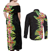 Hawaii Tropical Flowers Tribal Pattern Couples Matching Off Shoulder Maxi Dress and Long Sleeve Button Shirt No1 LT9 - Polynesian Pride