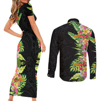 Hawaii Tropical Flowers Tribal Pattern Couples Matching Short Sleeve Bodycon Dress and Long Sleeve Button Shirt No1 LT9 - Polynesian Pride