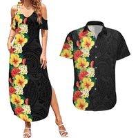 Hawaii Tropical Flowers Tribal Pattern Couples Matching Summer Maxi Dress and Hawaiian Shirt No2 LT9 Black - Polynesian Pride