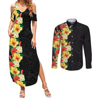 Hawaii Tropical Flowers Tribal Pattern Couples Matching Summer Maxi Dress and Long Sleeve Button Shirt No2 LT9 Black - Polynesian Pride