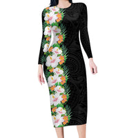 Hawaii Tropical Flowers Tribal Pattern Family Matching Long Sleeve Bodycon Dress and Hawaiian Shirt No3 LT9 Mom's Dress Black - Polynesian Pride