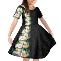 Hawaii Tropical Flowers Tribal Pattern Family Matching Off Shoulder Long Sleeve Dress and Hawaiian Shirt No3 LT9 Daughter's Dress Black - Polynesian Pride
