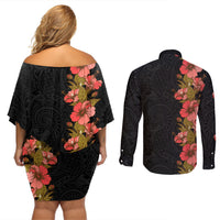 Hawaii Tropical Flowers Tribal Pattern Couples Matching Off Shoulder Short Dress and Long Sleeve Button Shirt No4 LT9 - Polynesian Pride