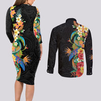Hawaii Tropical Flowers Tribal Pattern Couples Matching Long Sleeve Bodycon Dress and Long Sleeve Button Shirt No5 LT9 - Polynesian Pride