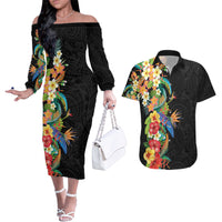 Hawaii Tropical Flowers Tribal Pattern Couples Matching Off The Shoulder Long Sleeve Dress and Hawaiian Shirt No5 LT9 Black - Polynesian Pride