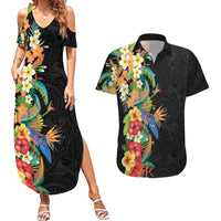 Hawaii Tropical Flowers Tribal Pattern Couples Matching Summer Maxi Dress and Hawaiian Shirt No5 LT9 Black - Polynesian Pride