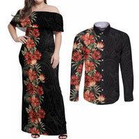 Hawaii Tropical Flowers Tribal Pattern Couples Matching Off Shoulder Maxi Dress and Long Sleeve Button Shirt No6 LT9 Black - Polynesian Pride