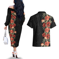 Hawaii Tropical Flowers Tribal Pattern Couples Matching Off The Shoulder Long Sleeve Dress and Hawaiian Shirt No6 LT9 - Polynesian Pride