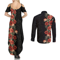 Hawaii Tropical Flowers Tribal Pattern Couples Matching Summer Maxi Dress and Long Sleeve Button Shirt No6 LT9 - Polynesian Pride