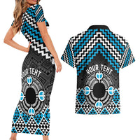 Personalised Aotearoa Niho Taniwha Motif Couples Matching Short Sleeve Bodycon Dress and Hawaiian Shirt Blue Style LT9 - Polynesian Pride